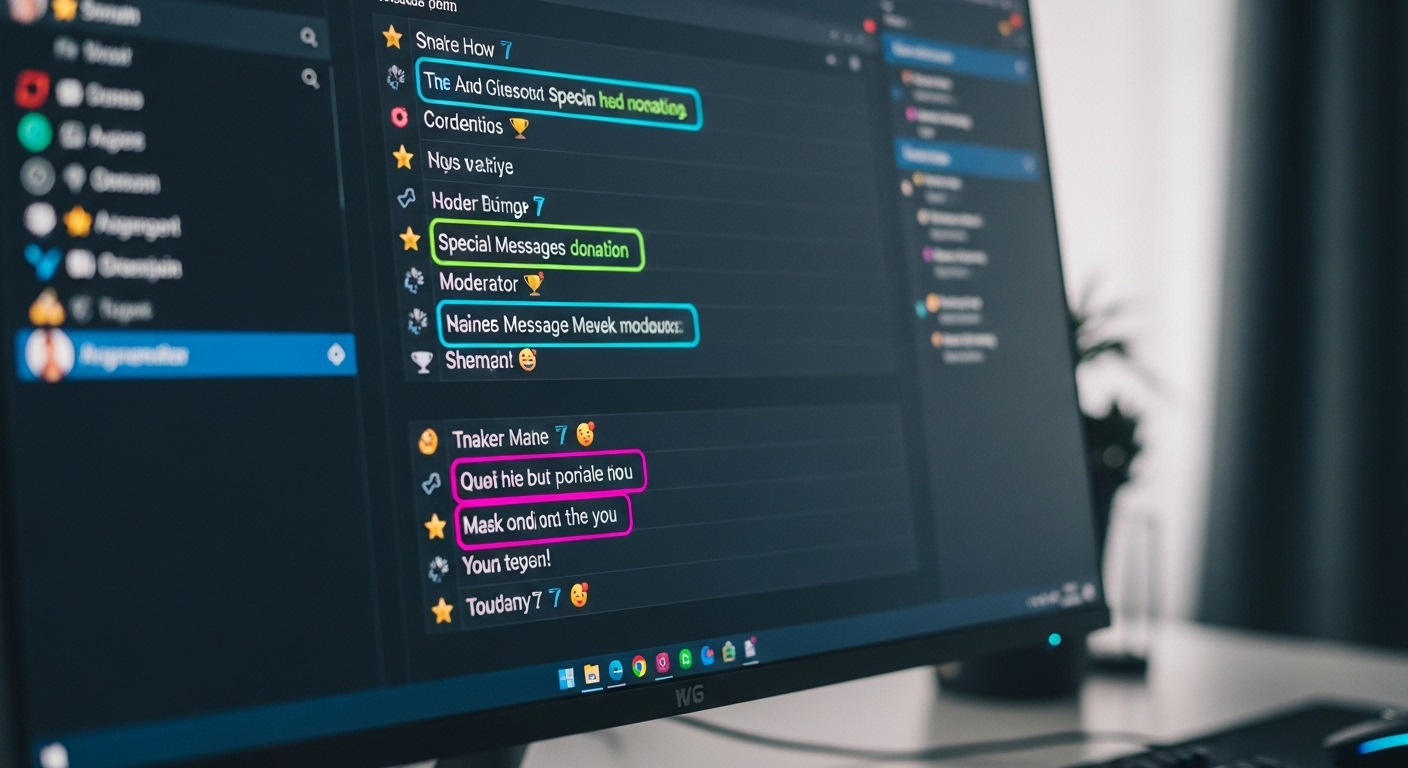 Màn hình máy tính cận cảnh hiển thị giao diện chat trực tiếp Youtube sôi động, với tin nhắn nổi bật và huy hiệu thành viên, thể hiện cách kiếm tiền từ Youtube qua tương tác và hỗ trợ cộng đồng.