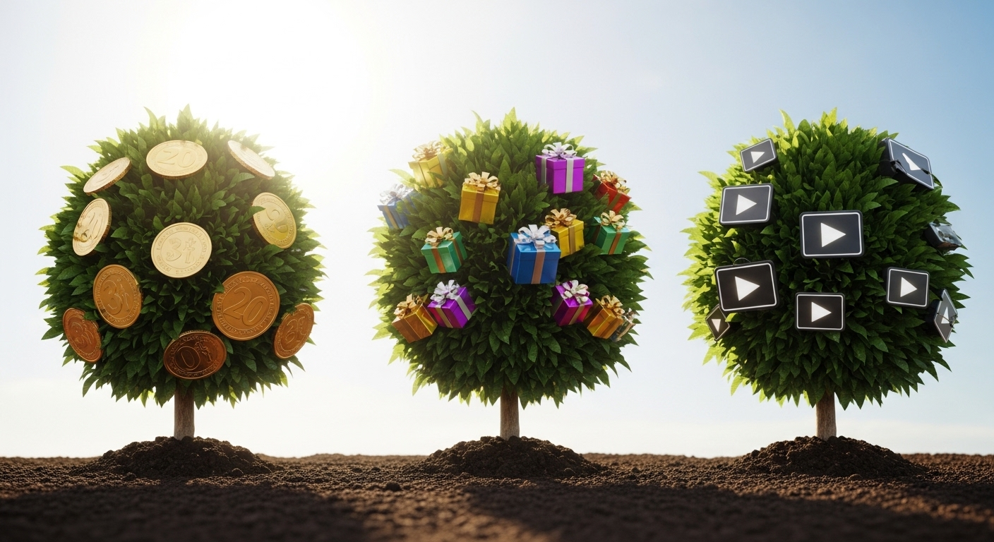 Cây phát tài với quả là đồng xu vàng, hộp quà và nút Play, tượng trưng cho cơ hội kiếm tiền trên YouTube.