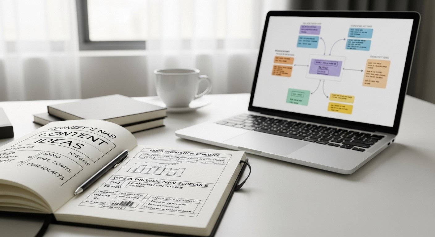 Bàn làm việc gọn gàng với sổ tay ghi ý tưởng nội dung và laptop hiển thị sơ đồ chiến lược, thể hiện việc lập kế hoạch chi tiết cho cách kiếm tiền trên YouTube.
