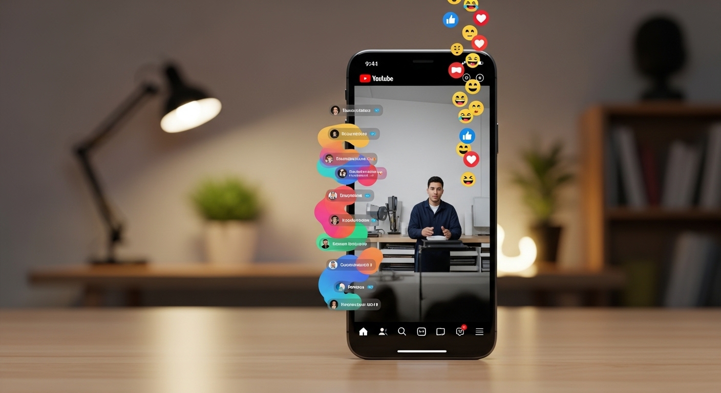 Màn hình điện thoại hiển thị livestream YouTube sôi động với bong bóng chat và emoji tích cực, một ví dụ về tương tác người xem cần thiết để hiểu rõ cách bật kiếm tiền Youtube.