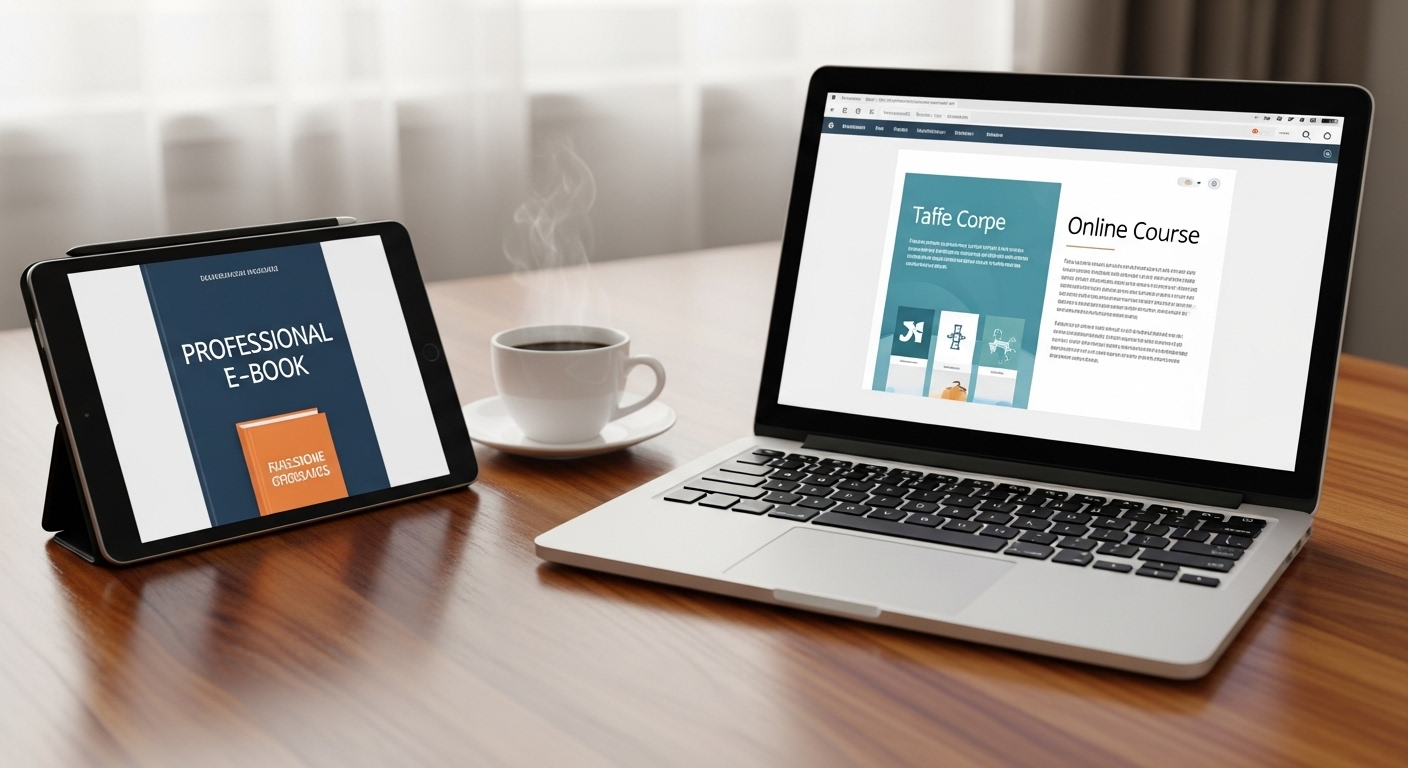 Bàn làm việc với laptop và tablet mở, hiển thị khóa học online và sách điện tử hướng dẫn cách kiếm tiền trên Facebook. Cốc cà phê bốc hơi bên cạnh.