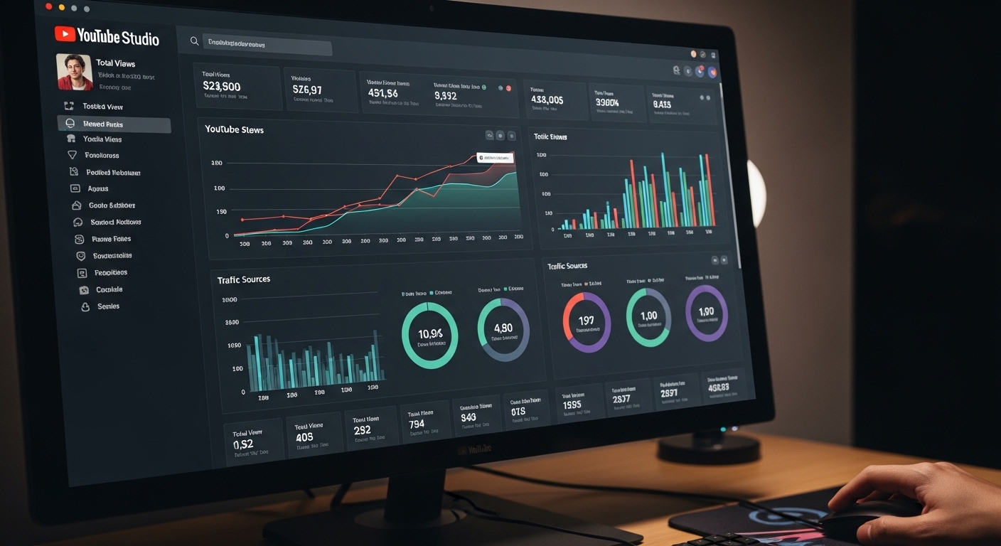 Màn hình YouTube Studio hiển thị phân tích hiệu suất video chi tiết. Một tay đang dùng chuột để đánh giá dữ liệu, giúp nhà sáng tạo tối ưu kênh sau khi học cách làm YouTube trên điện thoại.