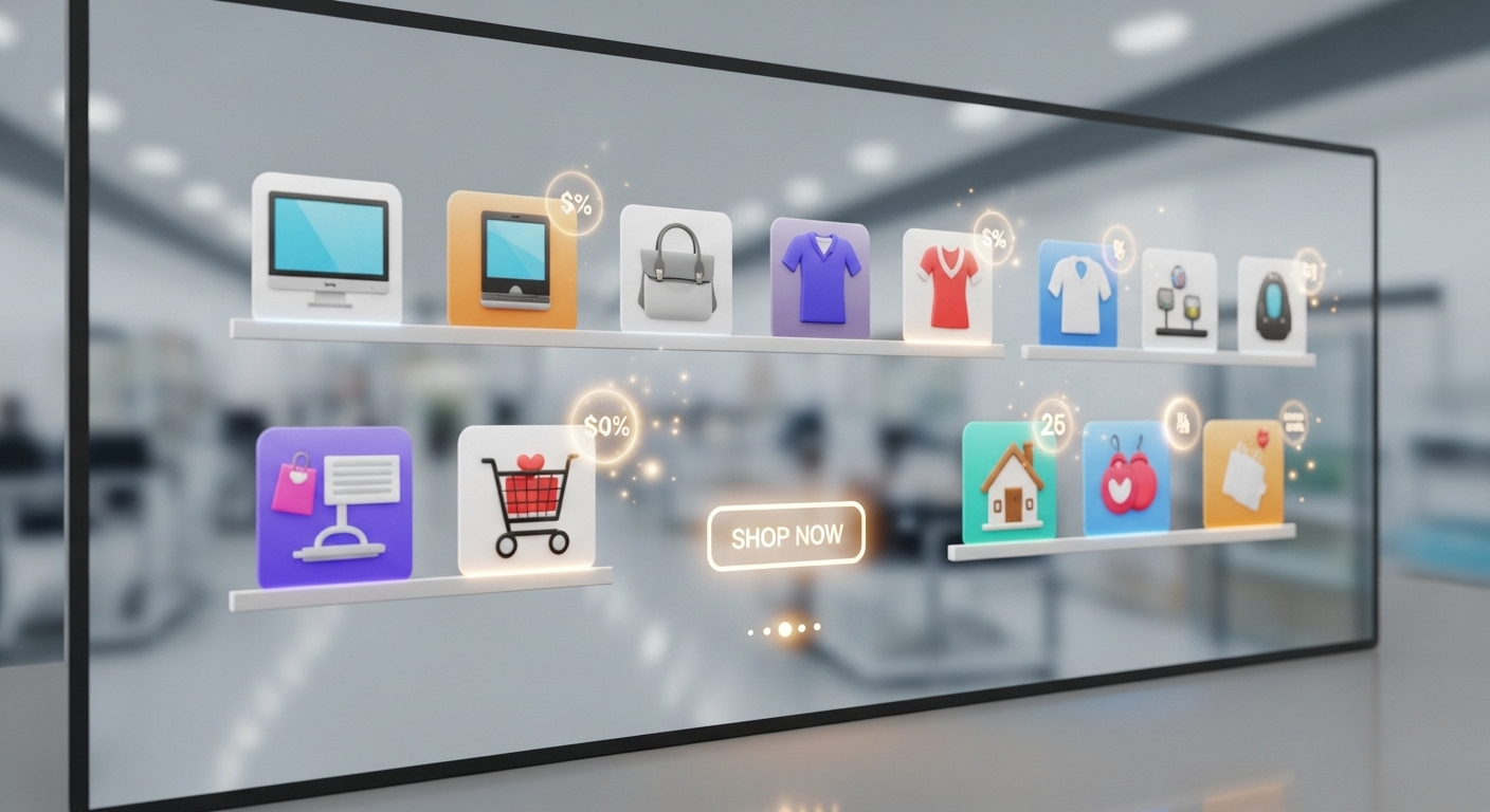 Giao diện thương mại điện tử kỹ thuật số hiện đại, sáng sủa trên màn hình lớn, trưng bày sản phẩm gọn gàng và nút 'Shop Now'. Hình ảnh minh họa tiềm năng kinh doanh online, gợi mở các phương pháp tạo thu nhập trực tuyến, bao gồm cách bật kiếm tiền trên Facebook.