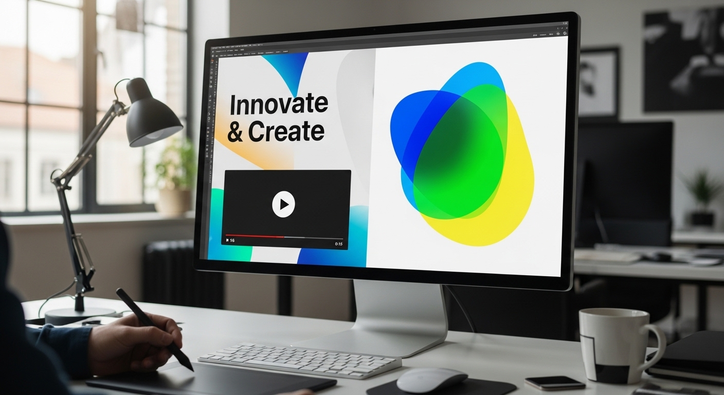 Trong studio thiết kế kỹ thuật số hiện đại, màn hình lớn hiển thị các yếu tố sáng tạo như video ngắn, đồ họa và typography, thể hiện quá trình tạo nội dung chuyên nghiệp và các cách kiếm tiền trên Facebook hiệu quả.