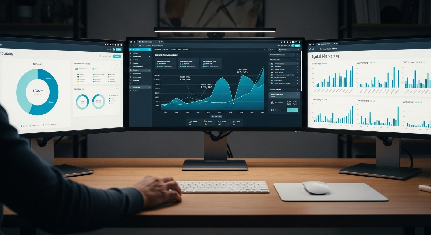 Không gian làm việc chuyên nghiệp với nhiều màn hình hiển thị biểu đồ phân tích hiệu suất digital marketing, mô tả quá trình theo dõi dữ liệu để tối ưu hóa chiến lược kiếm tiền trên facebook với affiliate marketing.