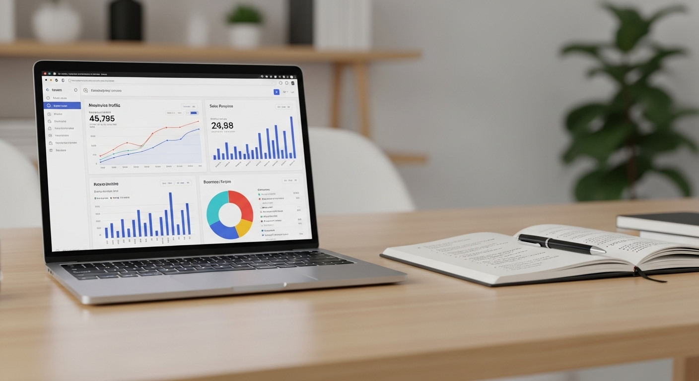 Bàn làm việc chuyên nghiệp, laptop hiển thị dashboard phân tích hiệu suất, sổ tay và bút. Không gian lý tưởng để nghiên cứu và lên kế hoạch cách kiếm tiền trên FB hiệu quả.