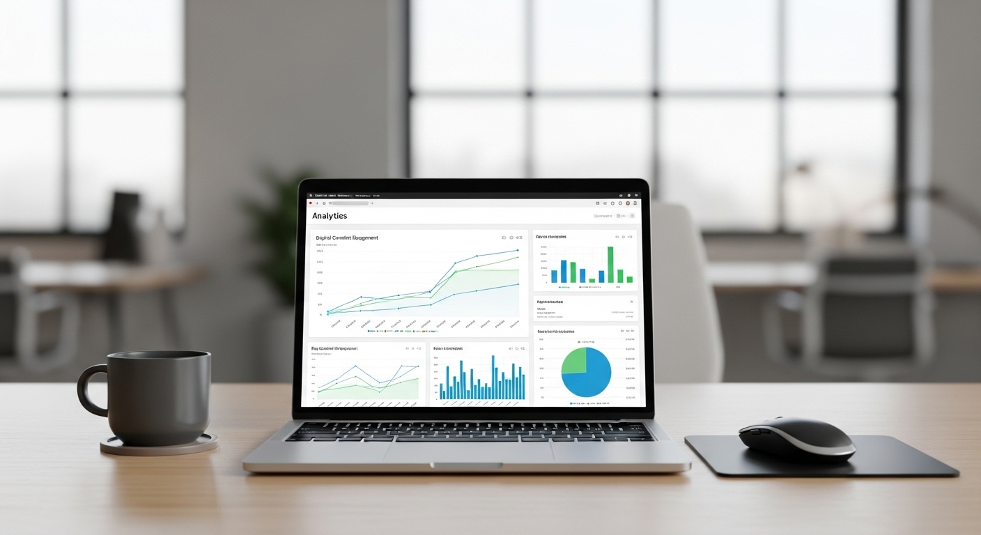 Dashboard phân tích hiệu suất nội dung số trên laptop, hiển thị dữ liệu quan trọng giúp tối ưu hóa chiến lược và cách bật kiếm tiền từ Facebook Story. Dashboard phân tích hiệu suất nội dung số trên laptop, hiển thị dữ liệu quan trọng giúp tối ưu hóa chiến lược và cách bật kiếm tiền từ Facebook Story.