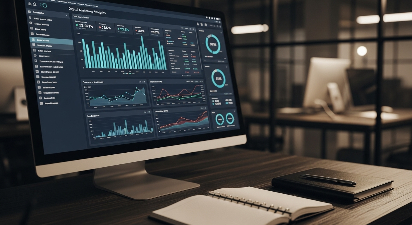 Màn hình máy tính hiển thị bảng phân tích digital marketing và KPI, cùng sổ tay bên cạnh, minh họa lập kế hoạch chiến lược để tối ưu cách kiếm tiền trên Facebook.