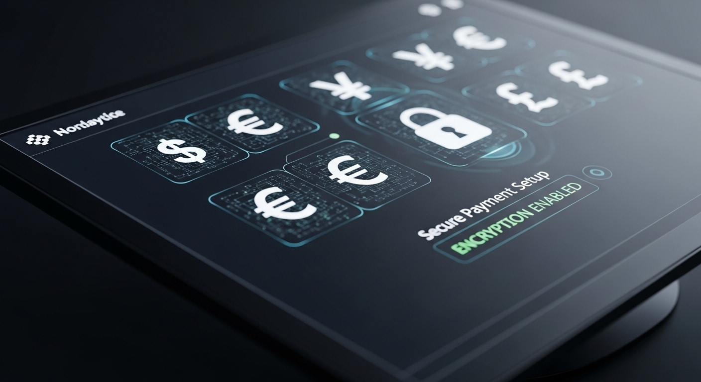 Giao diện kỹ thuật số hiển thị tùy chọn thiết lập thanh toán an toàn với biểu tượng tiền tệ và khóa, minh họa các biện pháp bảo mật tài chính quan trọng khi tìm hiểu cách bật kiếm tiền trên Facebook.