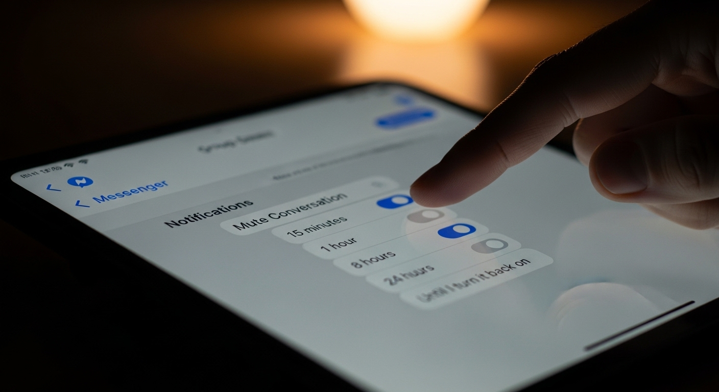 Để quản lý nhóm chat hiệu quả sau khi tìm hiểu cách tạo nhóm trên Messenger, hình ảnh này hiển thị một bàn tay đang tùy chỉnh cài đặt thông báo tắt tiếng cho một nhóm trên ứng dụng Messenger trên máy tính bảng.