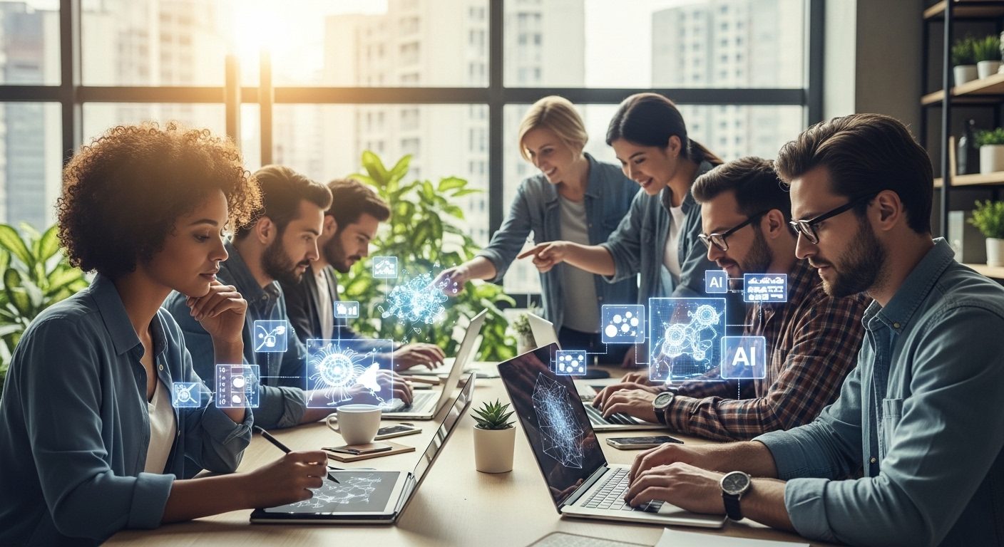 Một nhóm đa dạng đang làm việc sáng tạo trên laptop và tablet trong môi trường văn phòng hiện đại, với các biểu tượng AI phát sáng trên màn hình. Hình ảnh gợi ý về việc khám phá cách tạo video Veo 3 trên Canva và các công cụ sản xuất nội dung số tiên tiến.