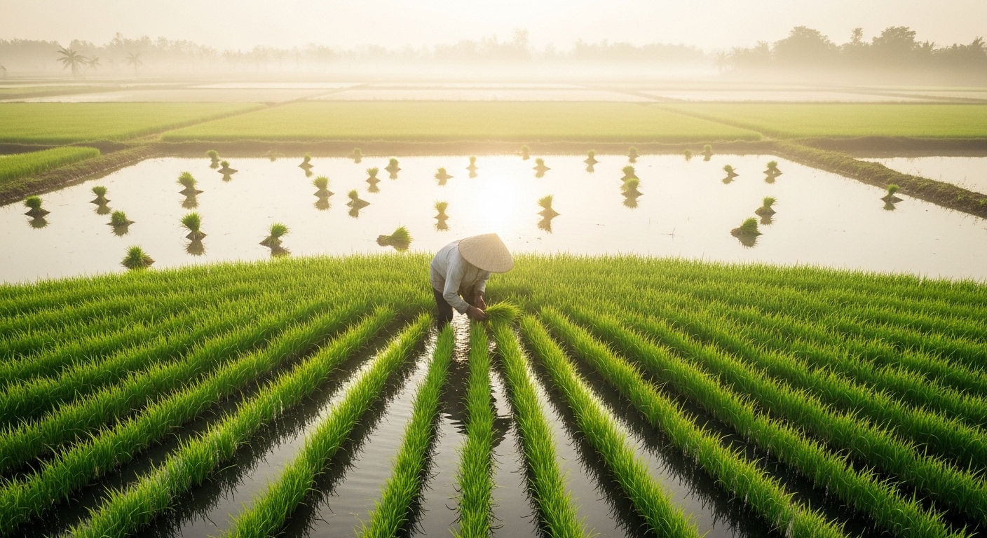 Cảnh từ trên cao nông dân lớn tuổi đội nón lá cấy lúa trên ruộng xanh mướt buổi sáng sớm sương mù, một hình ảnh đẹp có thể truyền cảm hứng khi bạn tìm hiểu cách tạo video Veo 3 bằng Canva.