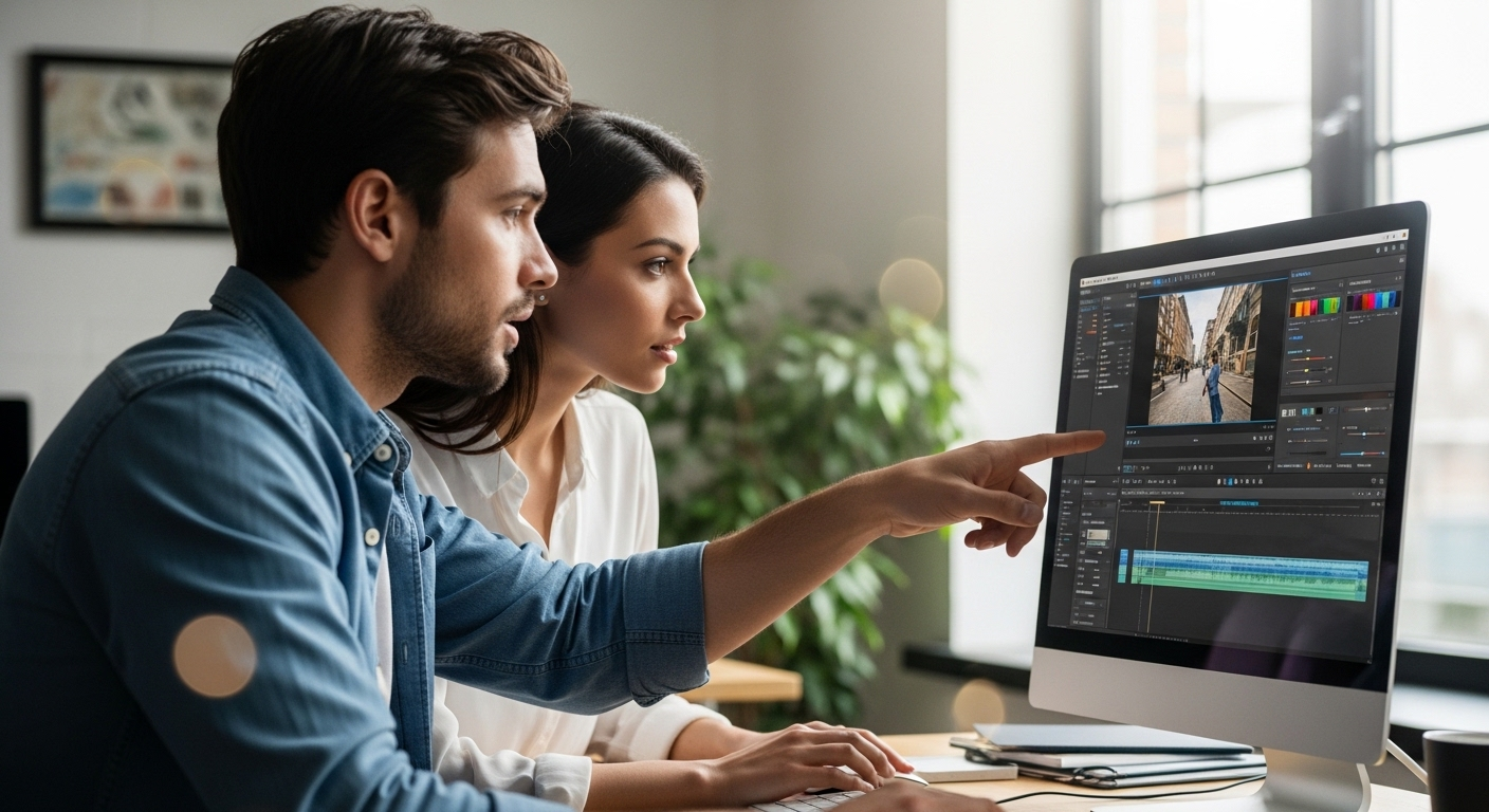 Hai đồng nghiệp ngồi cạnh nhau, chăm chú xem màn hình hiển thị dự án video. Một người chỉ vào dòng thời gian, thảo luận về cách làm video trên Canva và chỉnh sửa cộng tác trong môi trường văn phòng.