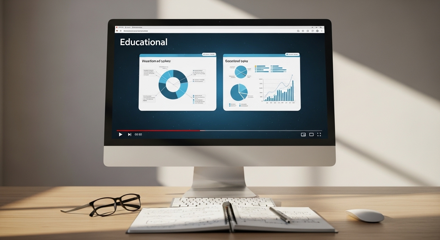 Màn hình máy tính hiển thị video hướng dẫn tạo video từ ảnh trong Canva AI bằng biểu đồ hoạt hình rõ ràng, cùng kính đọc sách và sổ ghi chú trên bàn.