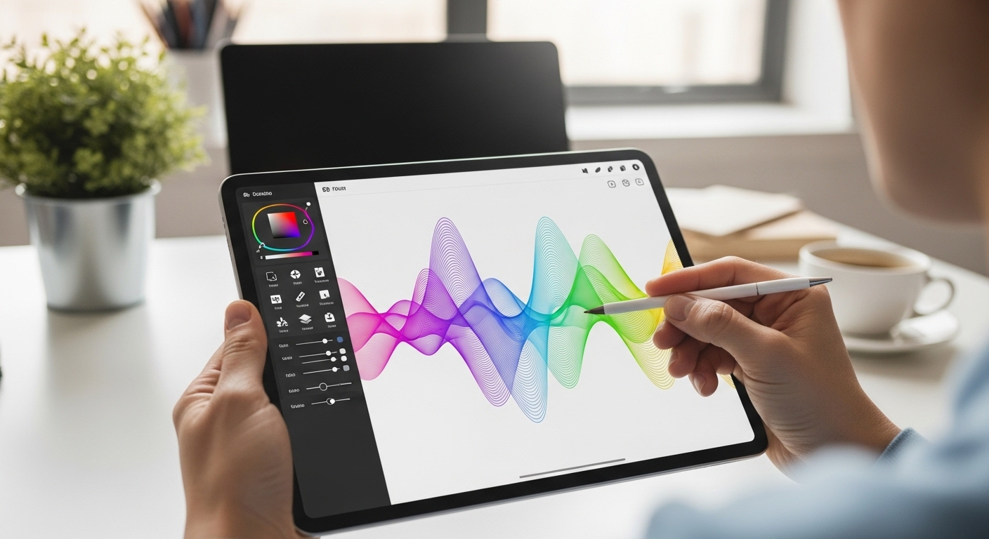 Bàn tay đang sử dụng máy tính bảng hiển thị ứng dụng AI thiết kế đồ họa trực quan. Màn hình minh họa cách sử dụng Canva AI để dễ dàng tạo hình ảnh sống động trong không gian làm việc hiện đại.