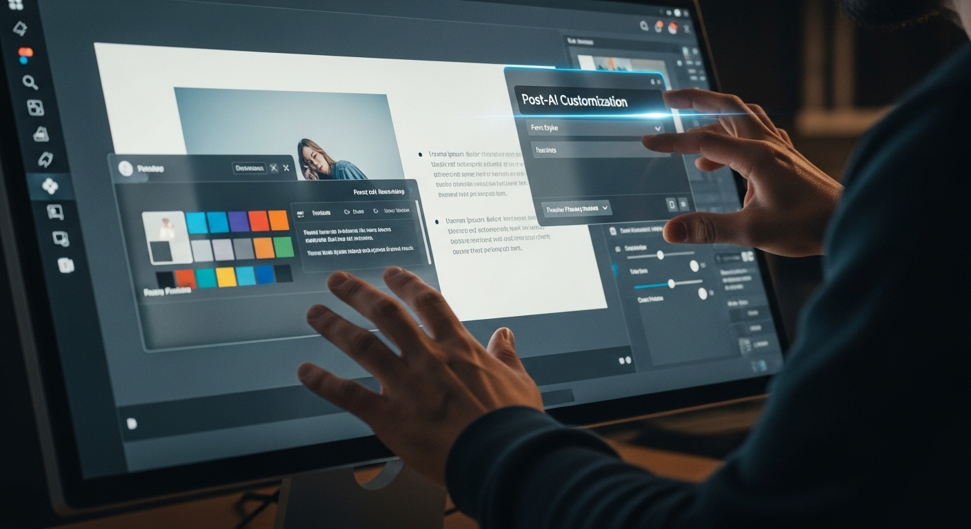 Bàn tay nhà thiết kế tinh chỉnh chi tiết slide thuyết trình trên màn hình độ phân giải cao, cá nhân hóa màu sắc, font chữ và hình ảnh sau khi tạo bằng AI. Minh họa cho hướng dẫn tạo slide thuyết trình bằng Canva AI hiệu quả.