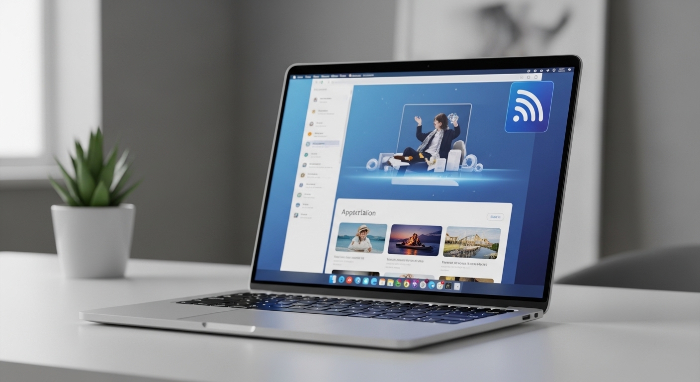Laptop hiện đại hiển thị ứng dụng web tải nhanh với tín hiệu Wi-Fi mạnh, minh họa giải pháp hiệu quả để khắc phục Canva bị lỗi hoặc các vấn đề về kết nối mạng.