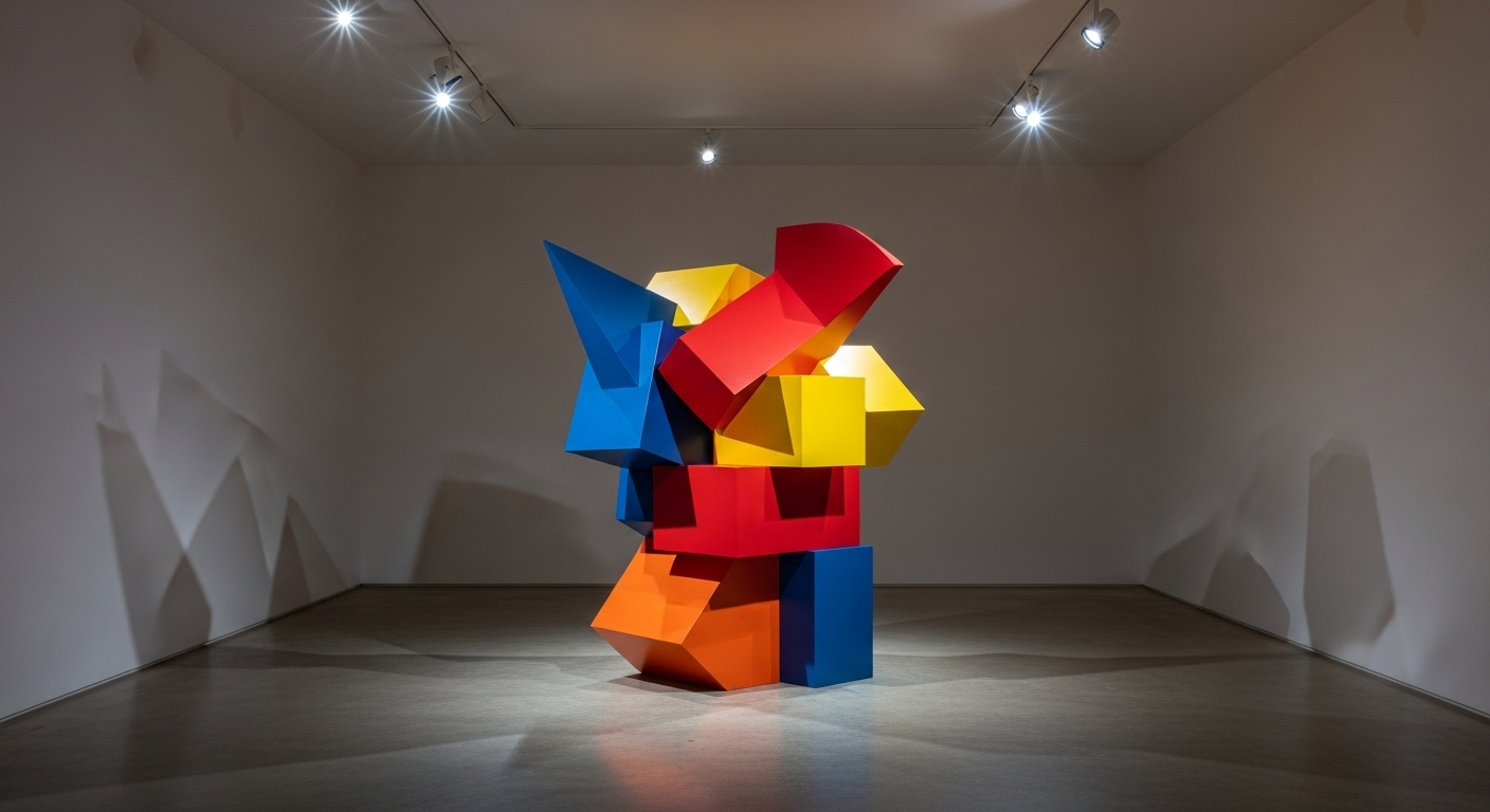 Tác phẩm điêu khắc trừu tượng ấn tượng từ các khối màu tương phản, kết nối tinh xảo trong không gian gallery. Bố cục độc đáo này nhấn mạnh tầm quan trọng của việc sắp xếp các yếu tố thiết kế, ví dụ như hiểu cách sử dụng Canva icon để tạo hiệu ứng thị giác mạnh mẽ.