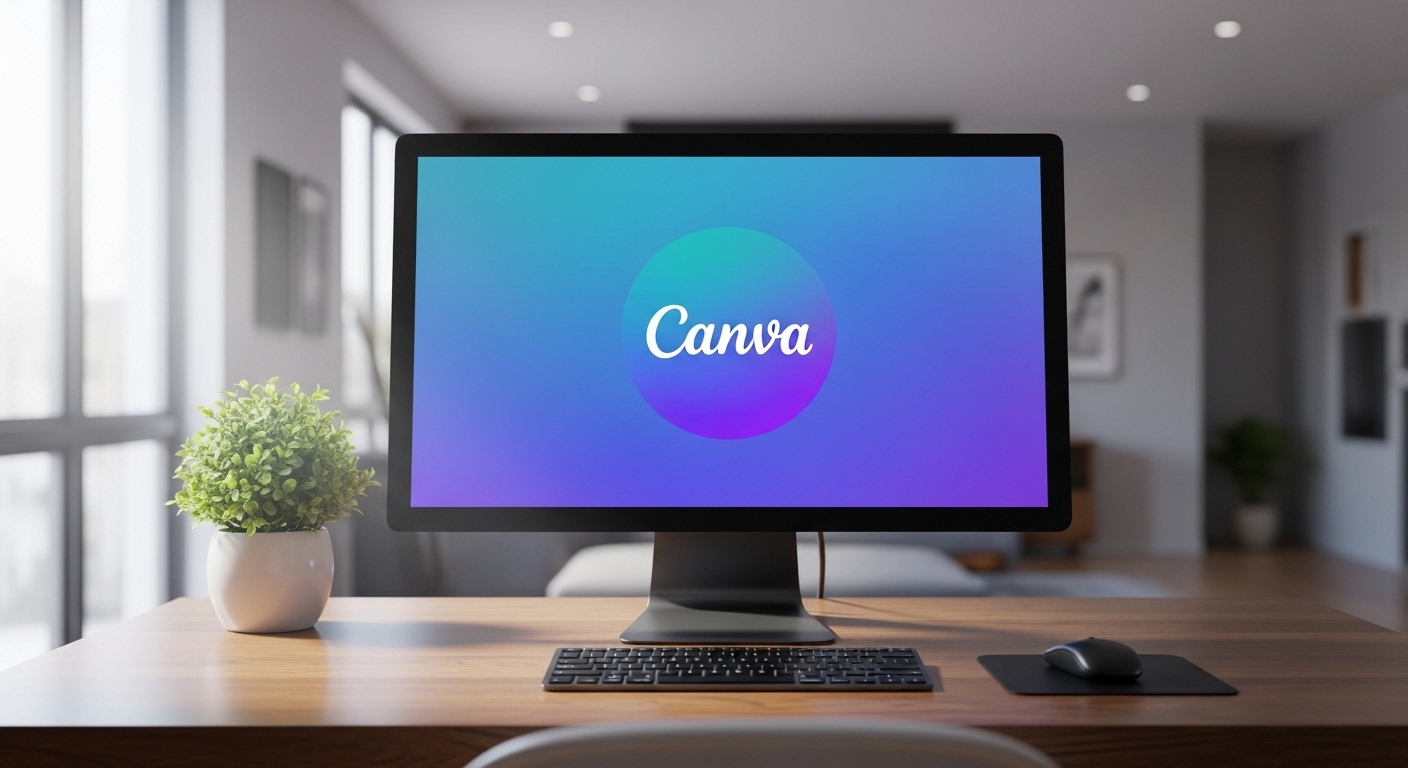 Góc làm việc tại nhà hiện đại với màn hình máy tính lớn hiển thị logo Canva rõ nét trên bàn gỗ tinh tế, kèm bàn phím và chuột. Khung cảnh lý tưởng để tải Canva về máy tính và thỏa sức sáng tạo thiết kế.