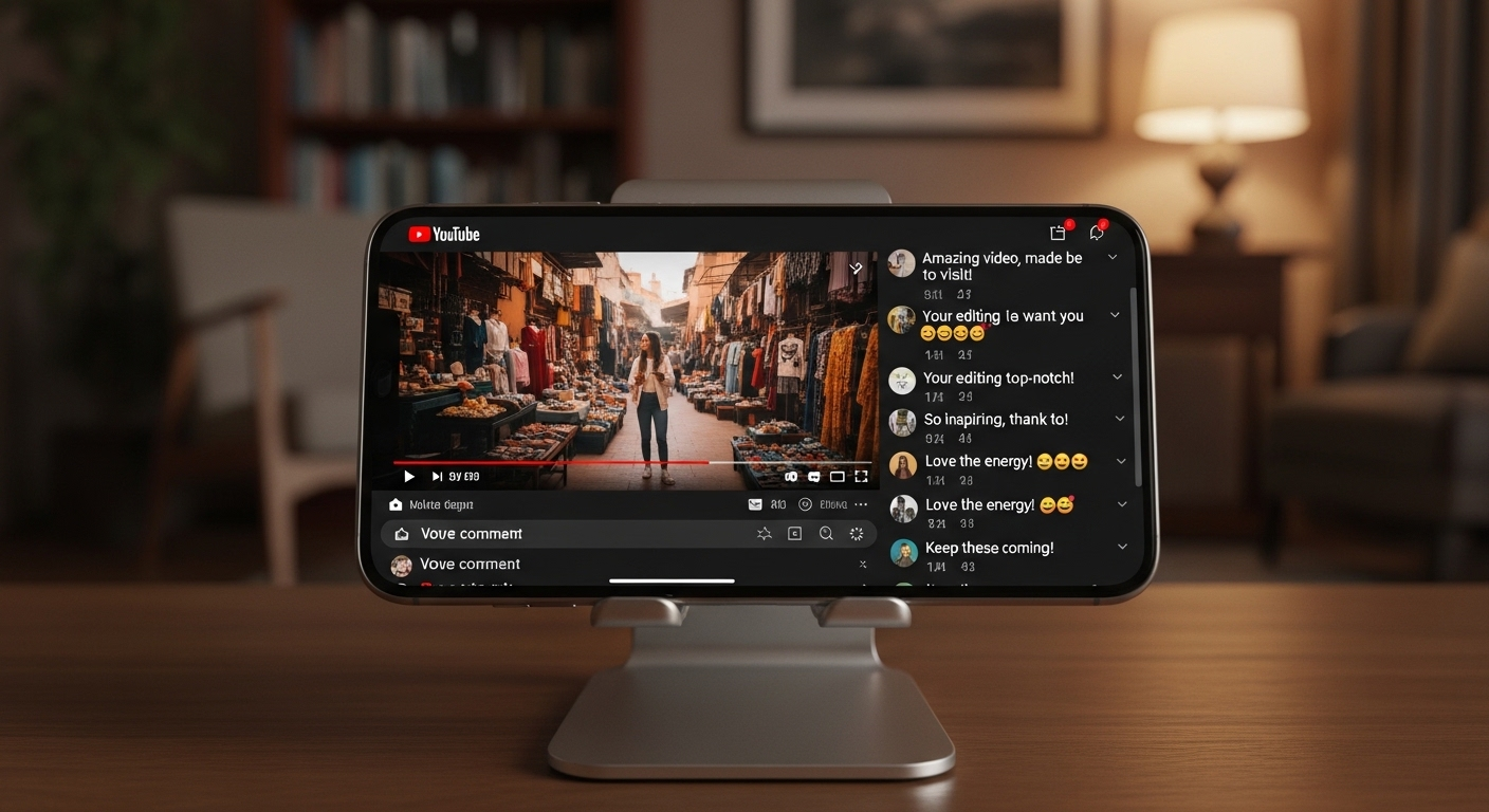Điện thoại trên giá đỡ phát video YouTube với phần bình luận sôi nổi, đa dạng, minh chứng cho hiệu quả của cách tăng view YouTube.