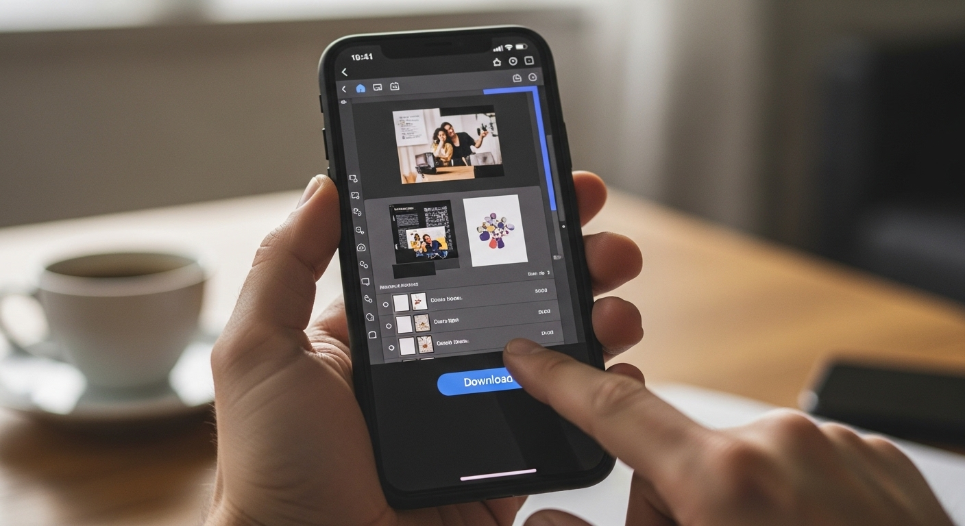 Màn hình điện thoại hiển thị nút Tải xuống trên Canva, hướng dẫn cách lưu ảnh trên Canva hiệu quả.