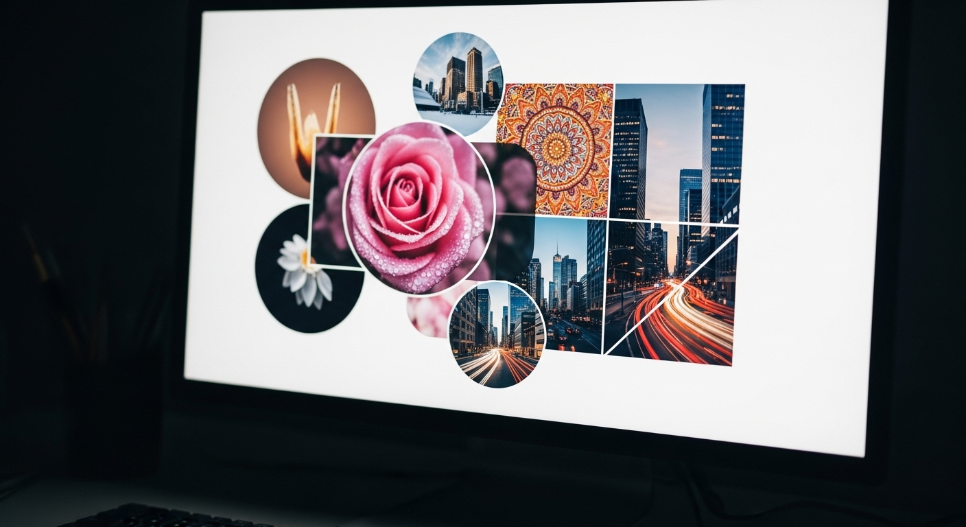 Màn hình máy tính hiển thị thiết kế đồ họa chuyên nghiệp, với các khung hình học (tròn, vuông) được chèn ảnh vào Canva, tạo nên bố cục tích hợp gồm ảnh hoa, thành phố và họa tiết sống động.