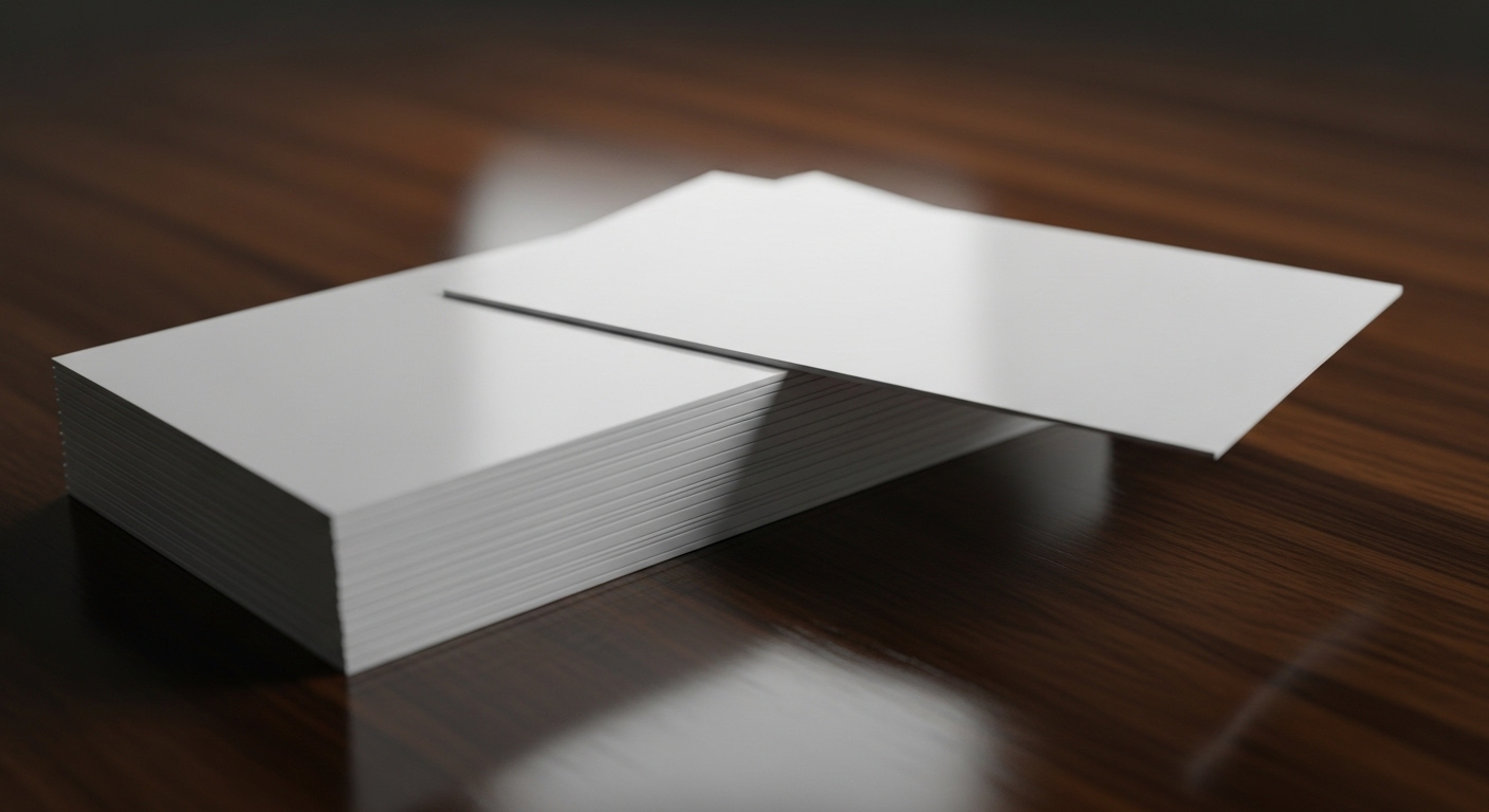 Hình ảnh danh thiếp trắng tinh tế trên bàn gỗ, lý tưởng để thực hành cách làm mockup trên Canva và trưng bày thiết kế.