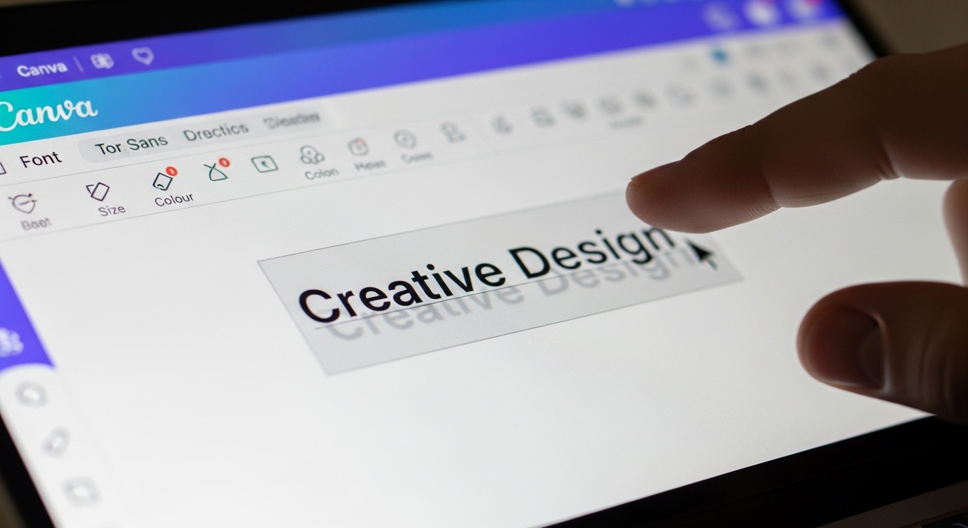 Màn hình laptop cận cảnh hiển thị giao diện Canva đang chỉnh sửa chữ với hiệu ứng tinh tế. Ngón tay người dùng tương tác, minh họa cách làm slide trên Canva đẹp mắt và chuyên nghiệp.