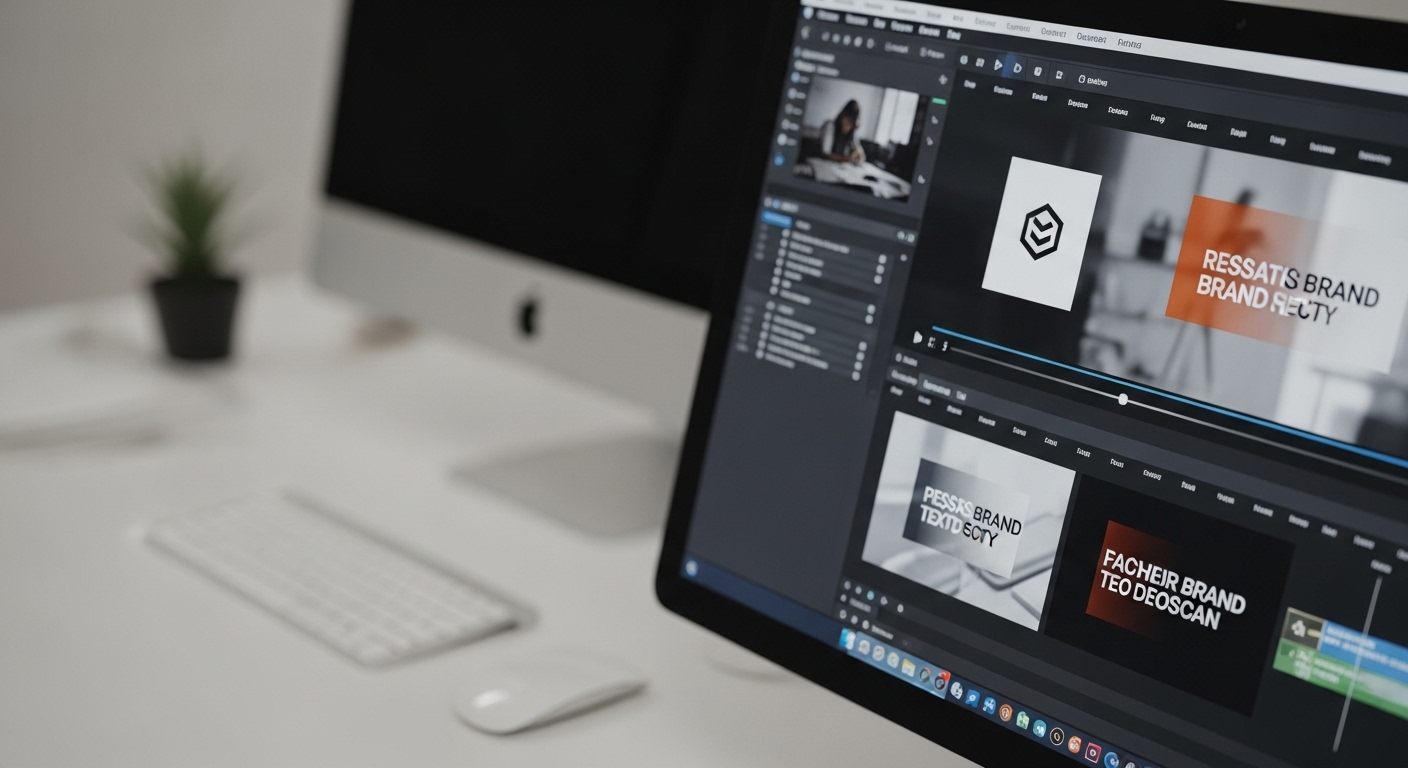 Màn hình máy tính hiển thị dự án video chuyên nghiệp với logo, màu sắc và phông chữ thương hiệu nhất quán, minh họa mục tiêu của cách làm video trên Canva để tạo nội dung đẳng cấp.