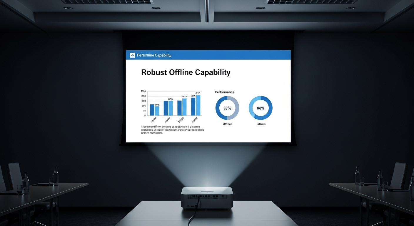 Máy chiếu trình chiếu slide PowerPoint chuyên nghiệp với văn bản và biểu đồ rõ nét trong phòng họp, minh họa chất lượng đầu ra sau khi áp dụng cách chuyển từ Canva sang PowerPoint để thuyết trình hiệu quả.