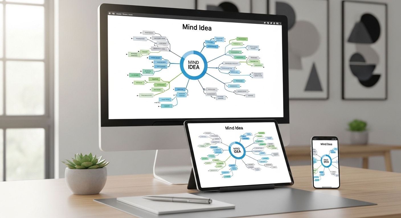 Sơ đồ tư duy được trình bày rõ nét, đồng bộ trên ba màn hình (máy tính, tablet, smartphone) tại bàn làm việc hiện đại, thể hiện kết quả chuyên nghiệp khi áp dụng cách làm mindmap trên Canva.