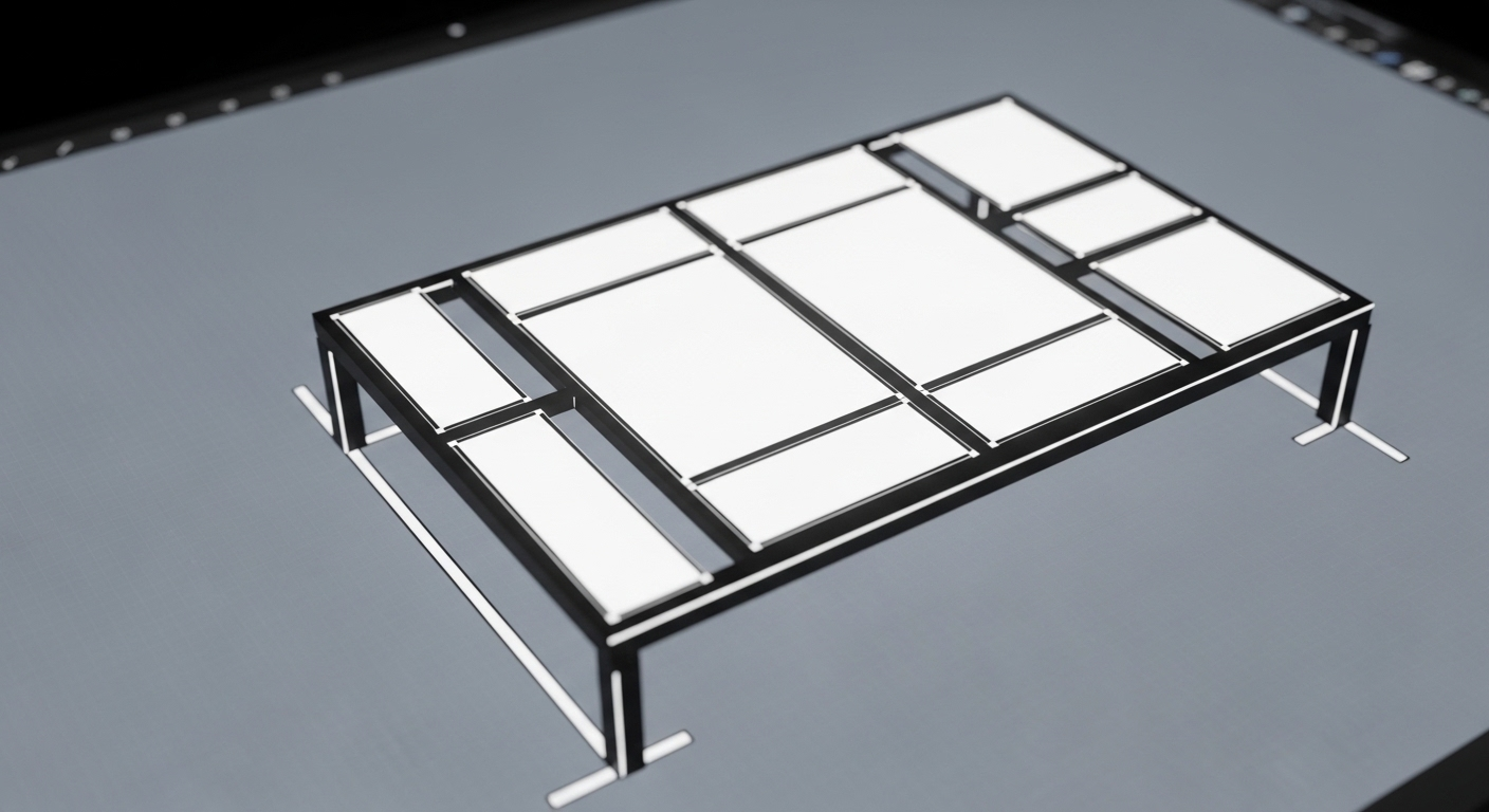 hình ảnh cận cảnh các đường kẻ đen và ô chữ nhật trắng đang được sắp xếp tỉ mỉ, tạo thành khung bảng trên giao diện thiết kế kỹ thuật số.