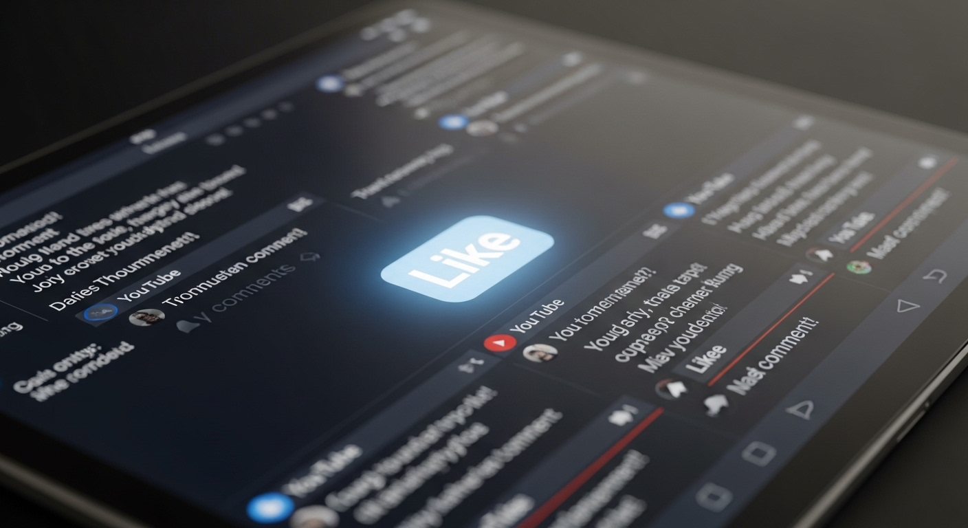 Màn hình máy tính bảng hiển thị phần bình luận YouTube sôi động với nhiều nhận xét tích cực và nút 'Like' nổi bật, minh họa việc tăng Like Youtube.