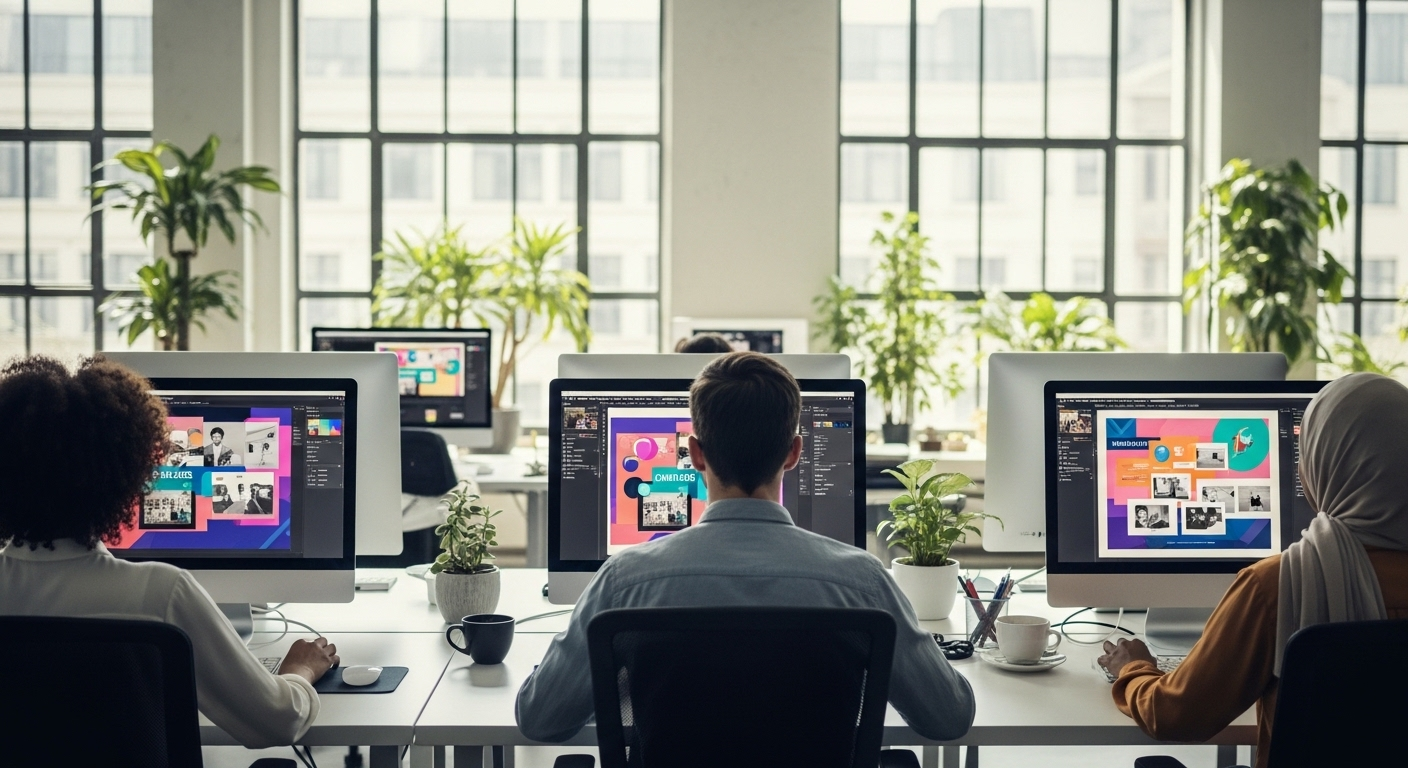 Các chuyên gia thiết kế đồ họa hợp tác trong văn phòng hiện đại, tập trung vào màn hình máy tính hiển thị dự án chung. Khám phá cách đăng ký Canva Pro miễn phí để nâng cao hiệu quả làm việc nhóm.