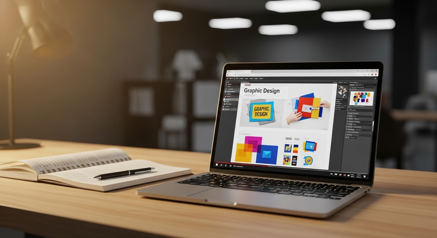 Máy tính xách tay hiển thị video hướng dẫn thiết kế đồ họa trực tuyến, kèm sổ và bút, minh họa quá trình học tập các kỹ năng cần thiết để kiếm tiền bằng Canva.