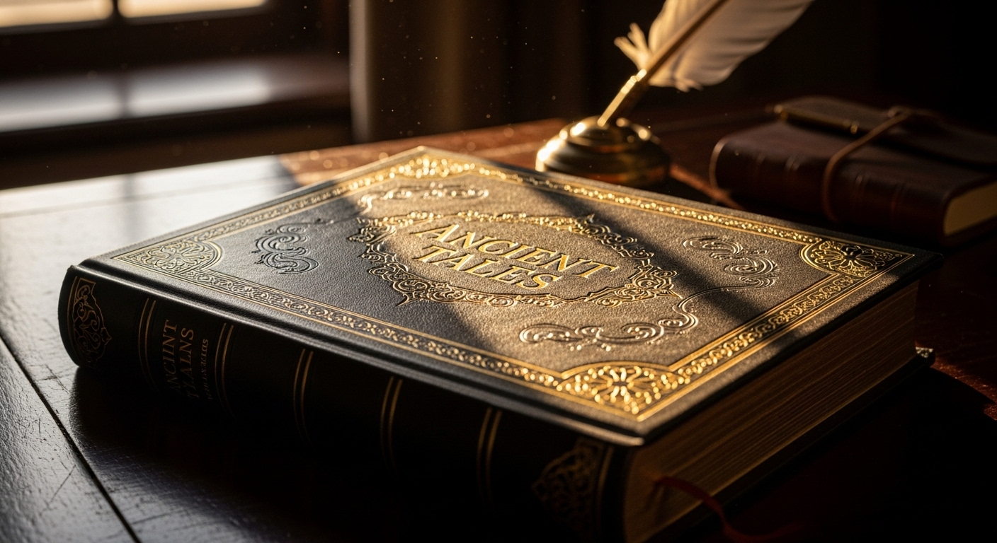 Sách bìa cứng sang trọng trên bàn gỗ cổ dưới nắng hoàng hôn vàng ấm, với thiết kế bìa sử dụng font việt hóa Canva phong cách cổ điển, dễ đọc.