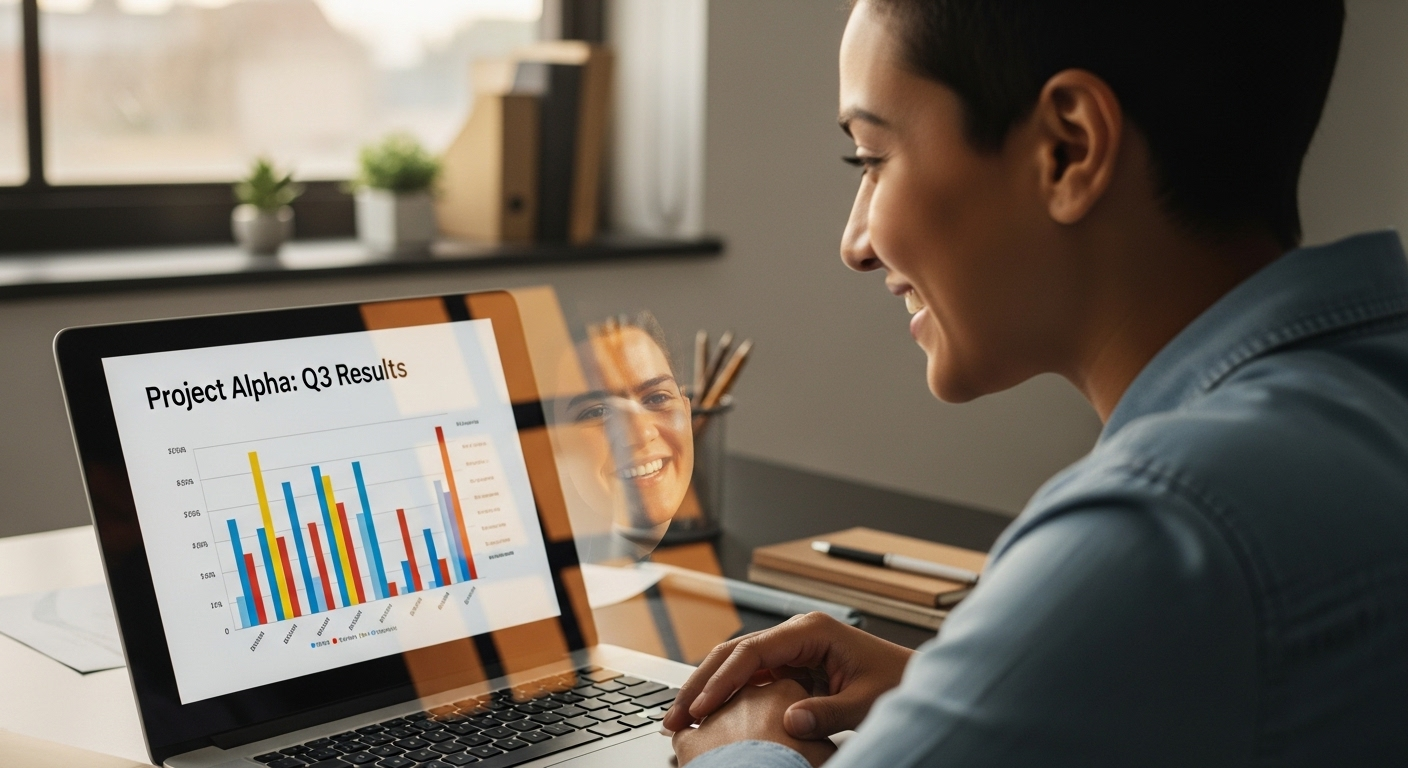 Chuyên gia trẻ mỉm cười tự hào xem slide thuyết trình đẹp mắt, thiết kế chuyên nghiệp trên laptop, thể hiện thành quả từ cách sử dụng Canva hiệu quả và dễ dàng.