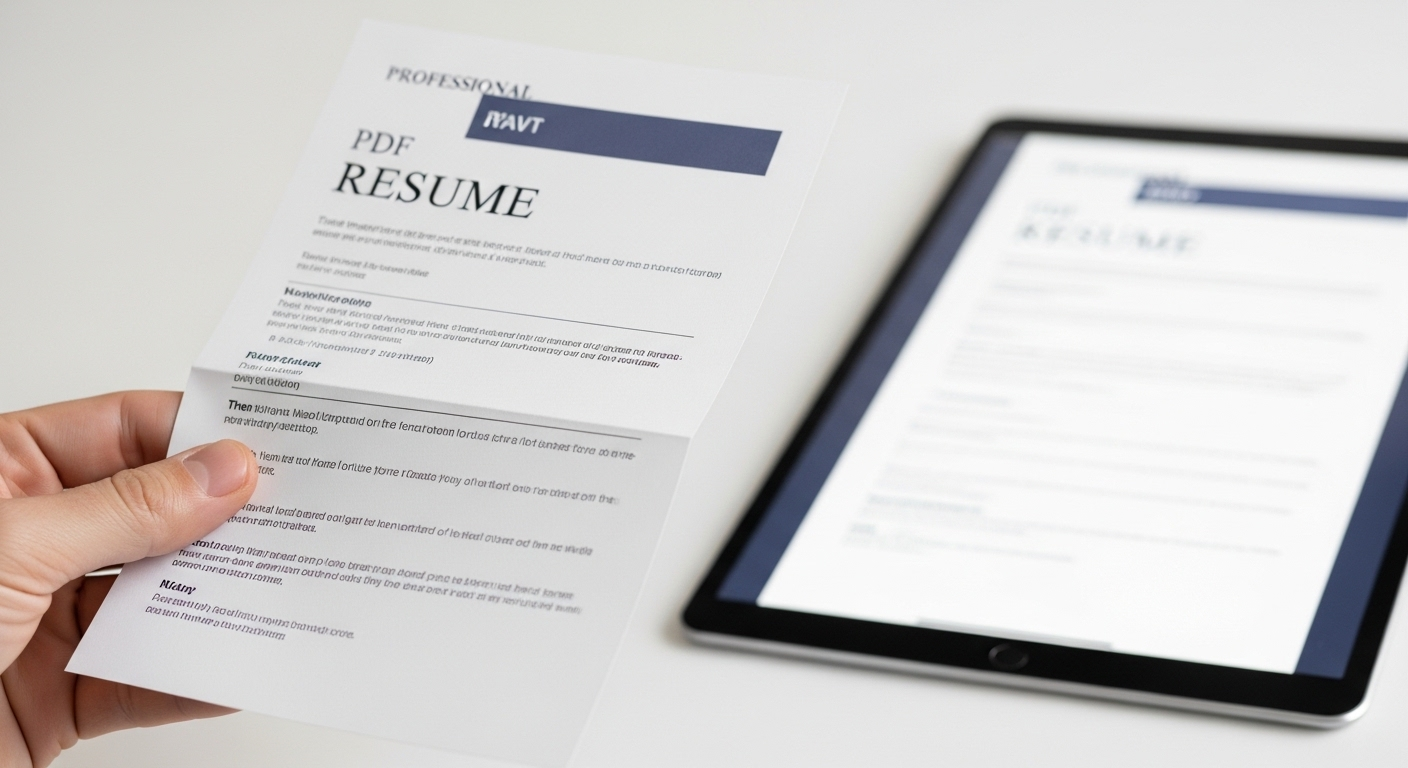 Một bàn tay đang nâng niu bản in CV chuyên nghiệp, sắc nét, đã hoàn thiện, cho thấy thành quả sau khi tạo CV trên Canva. Phía sau là màn hình máy tính bảng hiển thị cùng mẫu CV kỹ thuật số.