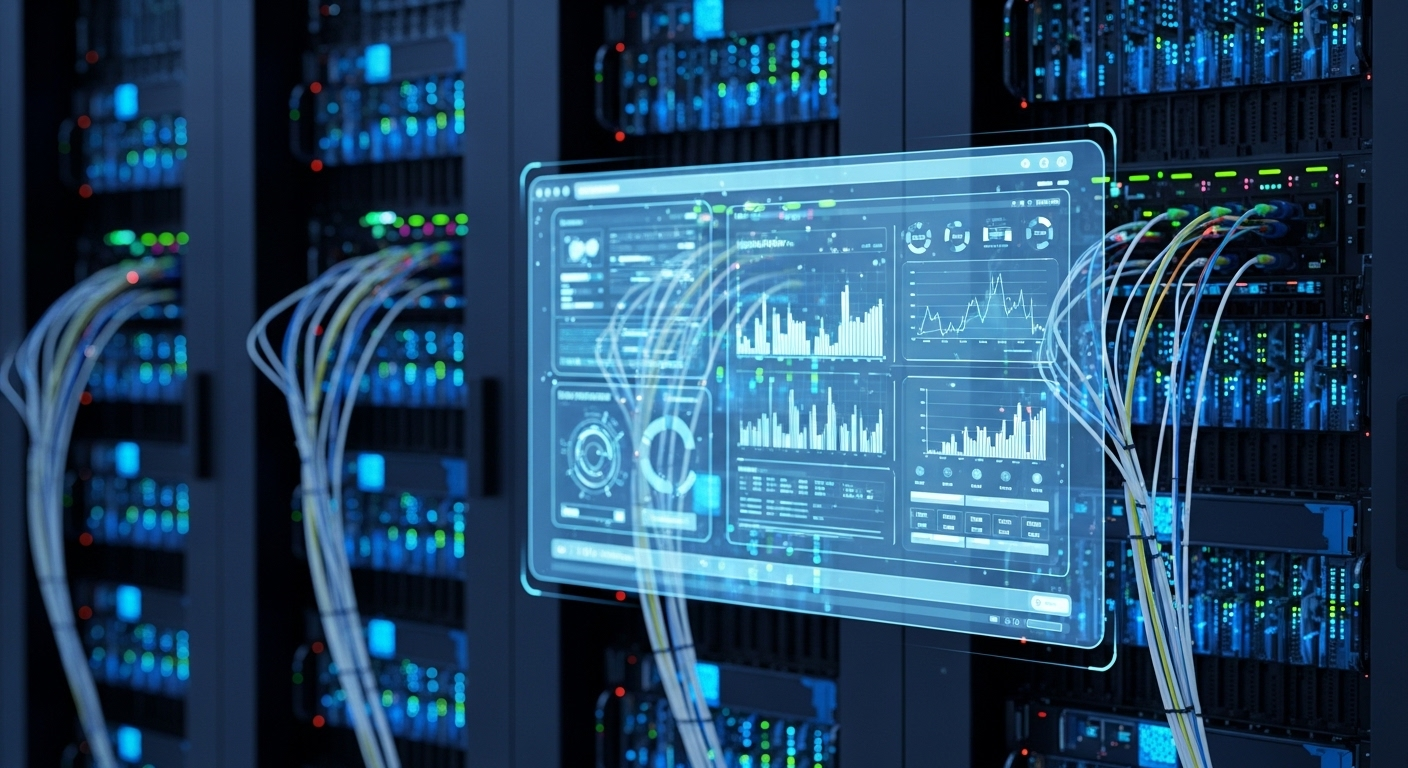 Tủ máy chủ mạnh mẽ với cáp quang truyền dữ liệu tốc độ cao, hiển thị giao diện website tối ưu trên màn hình lớn, minh họa hiệu quả của dịch vụ tăng traffic website thật.