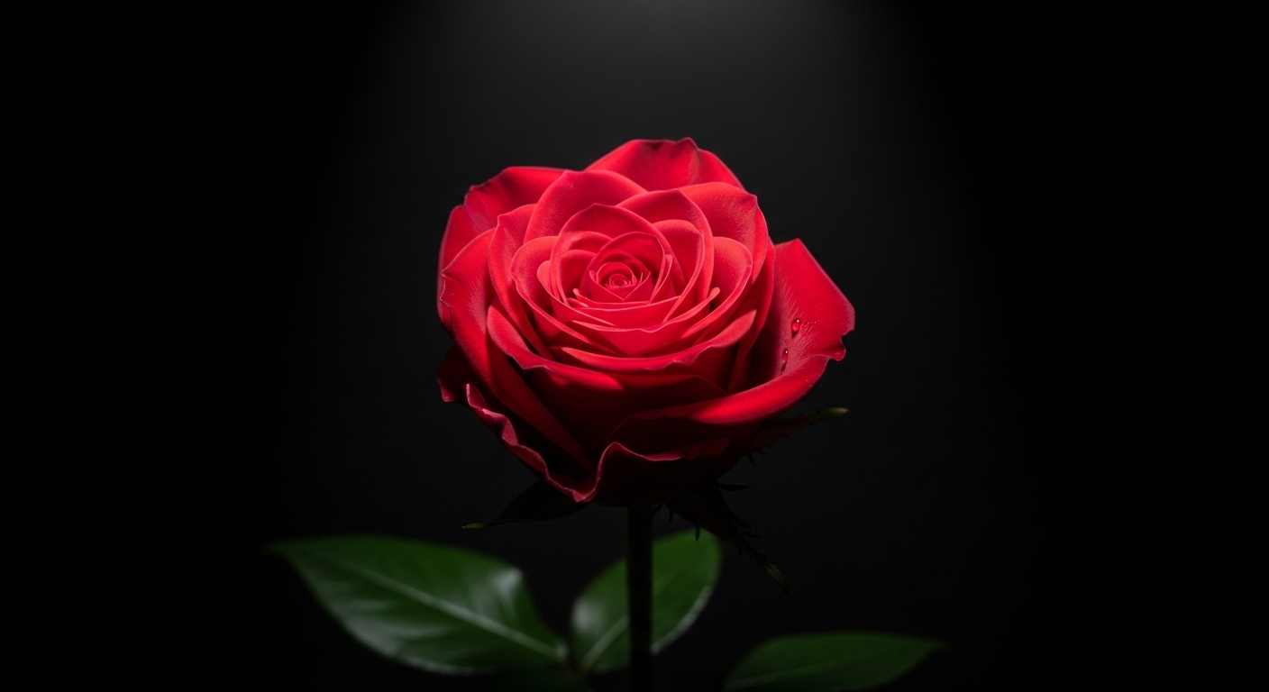 Cận cảnh hoa hồng đỏ thẫm rực rỡ, lá xanh mướt, nổi bật trên nền đen tuyền nhờ ánh sáng tập trung, lý tưởng để minh họa cách chuyển ảnh thành video bằng AI trên Canva.