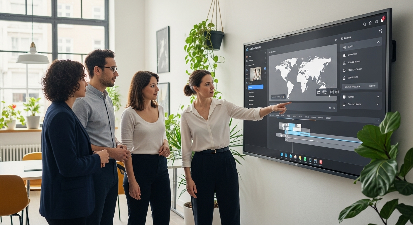 Nhóm chuyên gia đang cộng tác quanh màn hình tương tác lớn hiển thị ứng dụng làm video bằng AI với giao diện toàn cầu, tích hợp dịch ngôn ngữ, trong môi trường văn phòng sáng tạo.