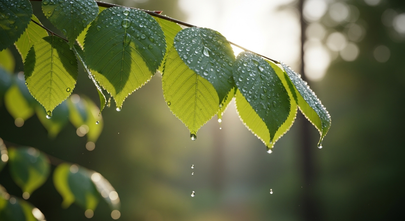 Cận cảnh những chiếc lá xanh mướt đọng giọt sương lấp lánh trên cành, với phông nền rừng mờ ảo. Hình ảnh yên bình này gợi cảm hứng về khả năng biến ảnh tĩnh thành video sống động, minh họa cho Cách chuyển ảnh thành video bằng AI trên Canva để tạo hiệu ứng chuyển động tinh tế.