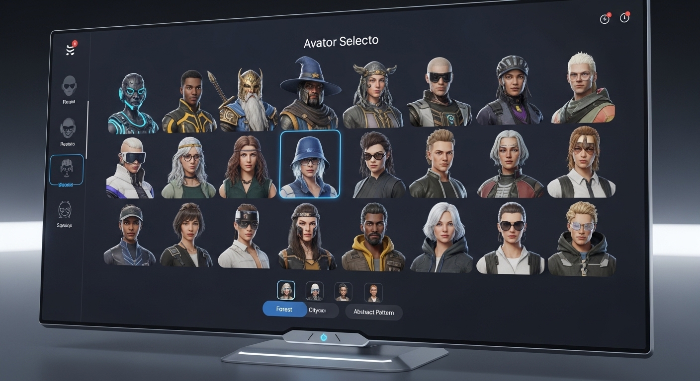 Giao diện người dùng trên màn hình lớn hiển thị lưới tùy chọn avatar kỹ thuật số đa dạng, thiết kế chuyên nghiệp, có thể tùy chỉnh nền. Hình ảnh minh họa cách lựa chọn hình đại diện và gợi ý tìm hiểu D-ID là gì.