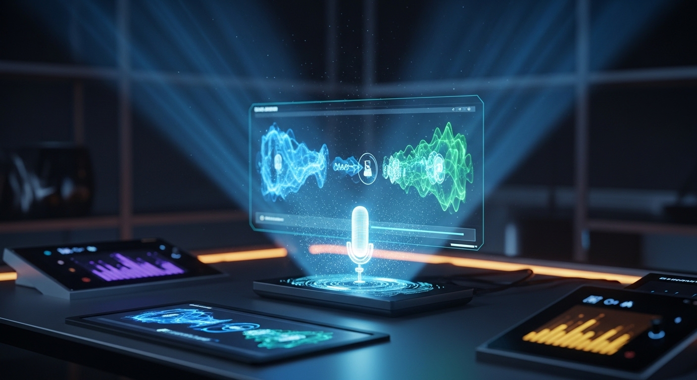 Ảnh chân thực phòng thí nghiệm công nghệ cao, nơi màn hình hologram chiếu video động. Ánh sáng từ thiết bị nhập liệu giọng nói cho thấy quá trình làm video bằng AI biến ý tưởng thành những thước phim sống động.