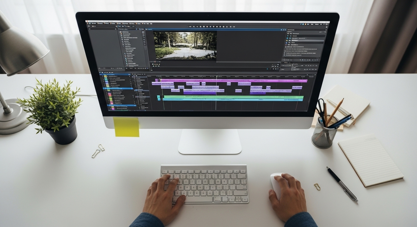 Cận cảnh đôi tay chuyên nghiệp đang thao tác chỉnh sửa timeline video trên màn hình máy tính, minh họa cách tạo video bằng Canva nhanh chóng và hiệu quả.
