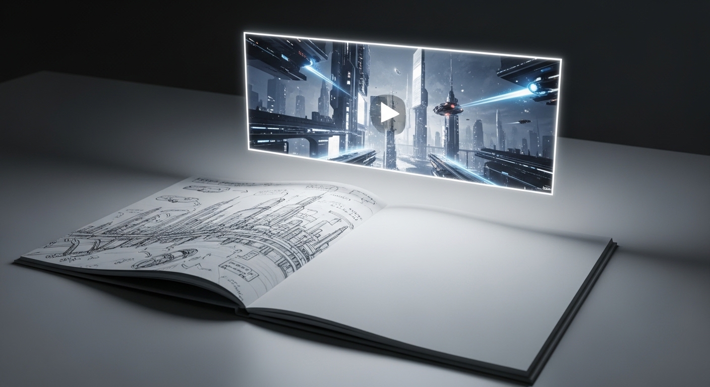 Sổ phác thảo ý tưởng vẽ tay và chuỗi video AI Veo 3 tiếng Việt phát sáng, minh họa cách tạo video bằng AI Veo 3 tiếng Việt từ bản nháp thành hình ảnh động chân thực, thể hiện sự kết hợp hoàn hảo giữa sáng tạo con người và công nghệ AI.