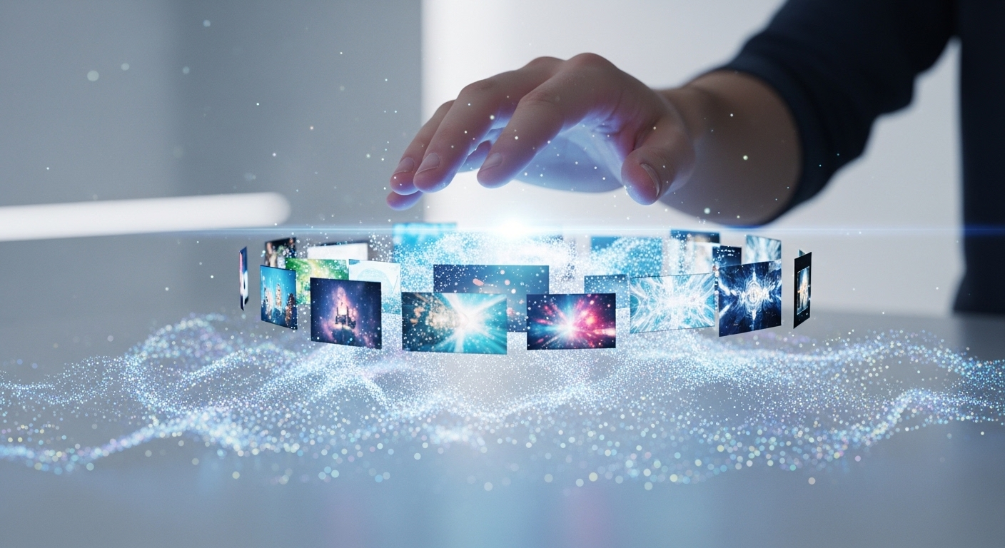 Bàn tay con người lơ lửng trên đám mây kỹ thuật số phát sáng, nơi các video HD tinh xảo đang thành hình. Hình ảnh minh họa quá trình sáng tạo hợp tác với Google Gemini Veo 3 trong không gian tối giản, ánh sáng dịu nhẹ.