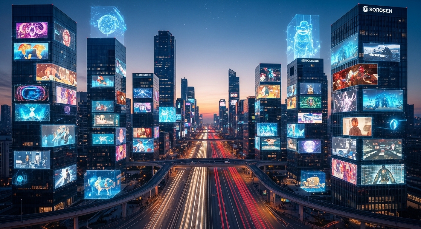 Thành phố tương lai rực rỡ lúc hoàng hôn với các tòa nhà hiện đại chiếu video và hoạt ảnh AI sống động, minh họa tiềm năng của cách sử dụng Veo 3 AI tạo video.