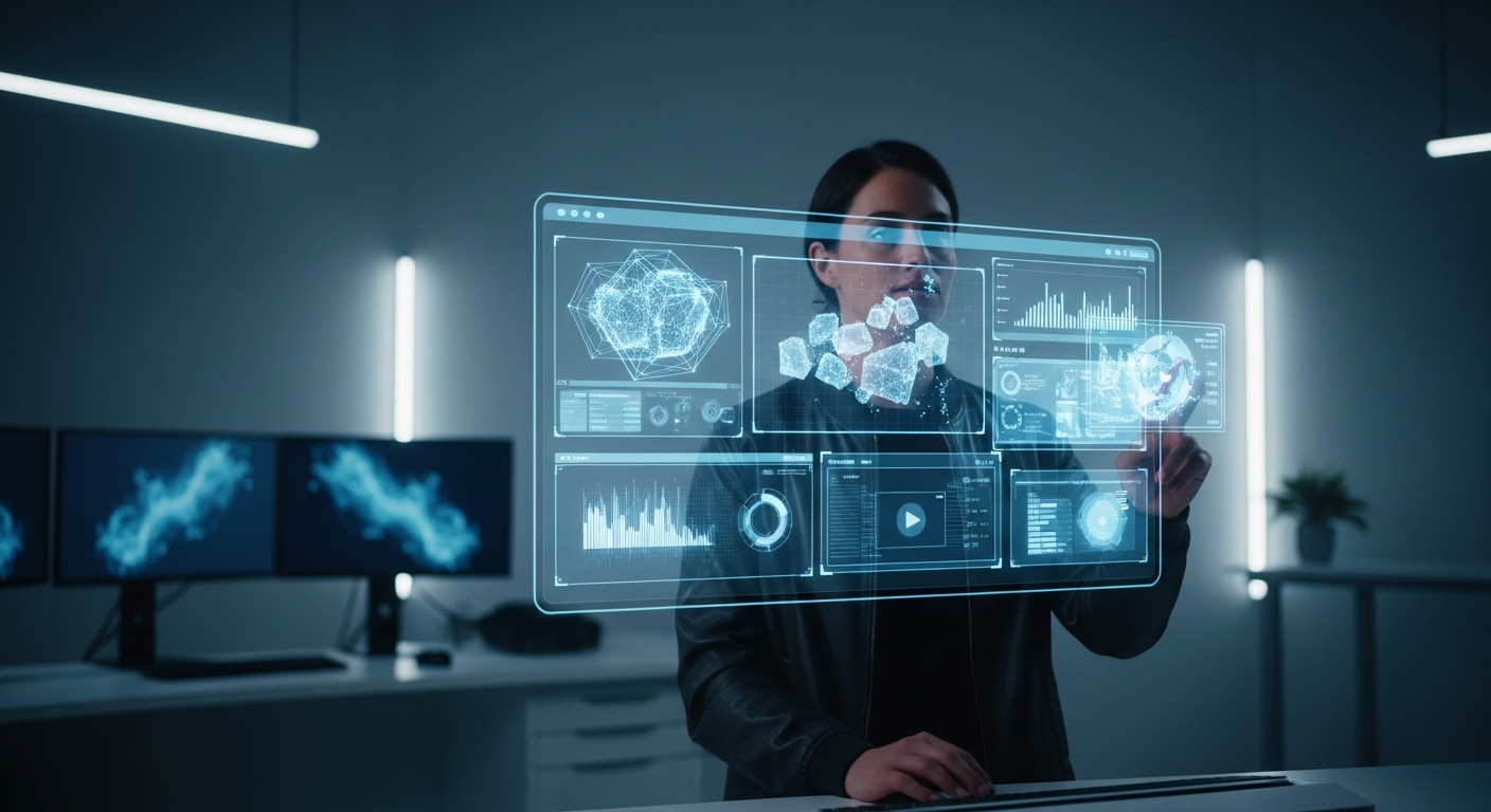 Nhà thiết kế đang tương tác tỉ mỉ với video hologram chiếu giữa không trung, thể hiện sự hợp tác người-AI trong môi trường lab công nghệ cao.