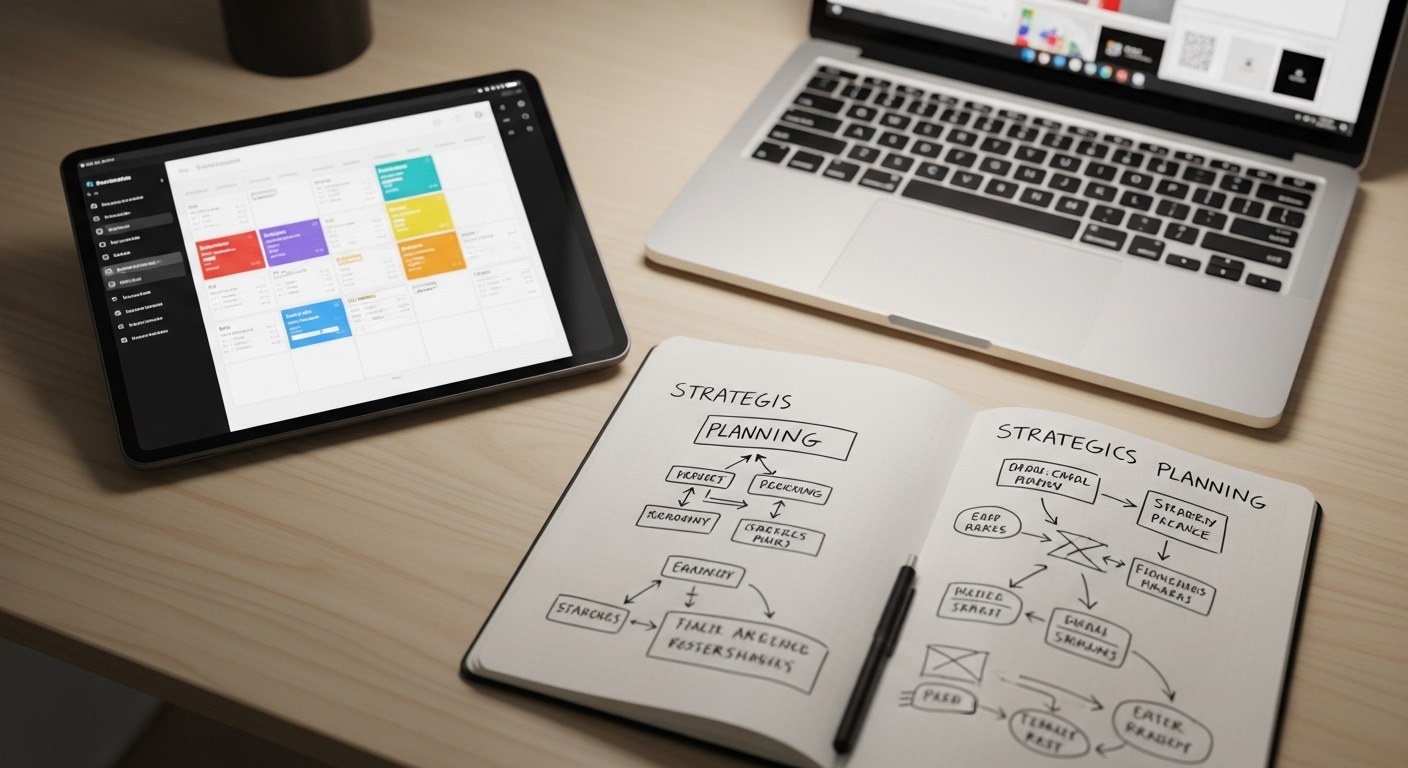 Bàn làm việc ngăn nắp với laptop, tablet hiển thị lịch đăng bài mạng xã hội chuyên nghiệp và sổ tay chiến lược, thiết lập lý tưởng cho việc lập kế hoạch nội dung và tìm hiểu cách bật kiếm tiền trên Facebook.